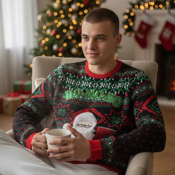 Ugly Christmas Sweater Santa Claus Red Party Cup Pocket Holiday Fun Size Large - Picture 2 of 16